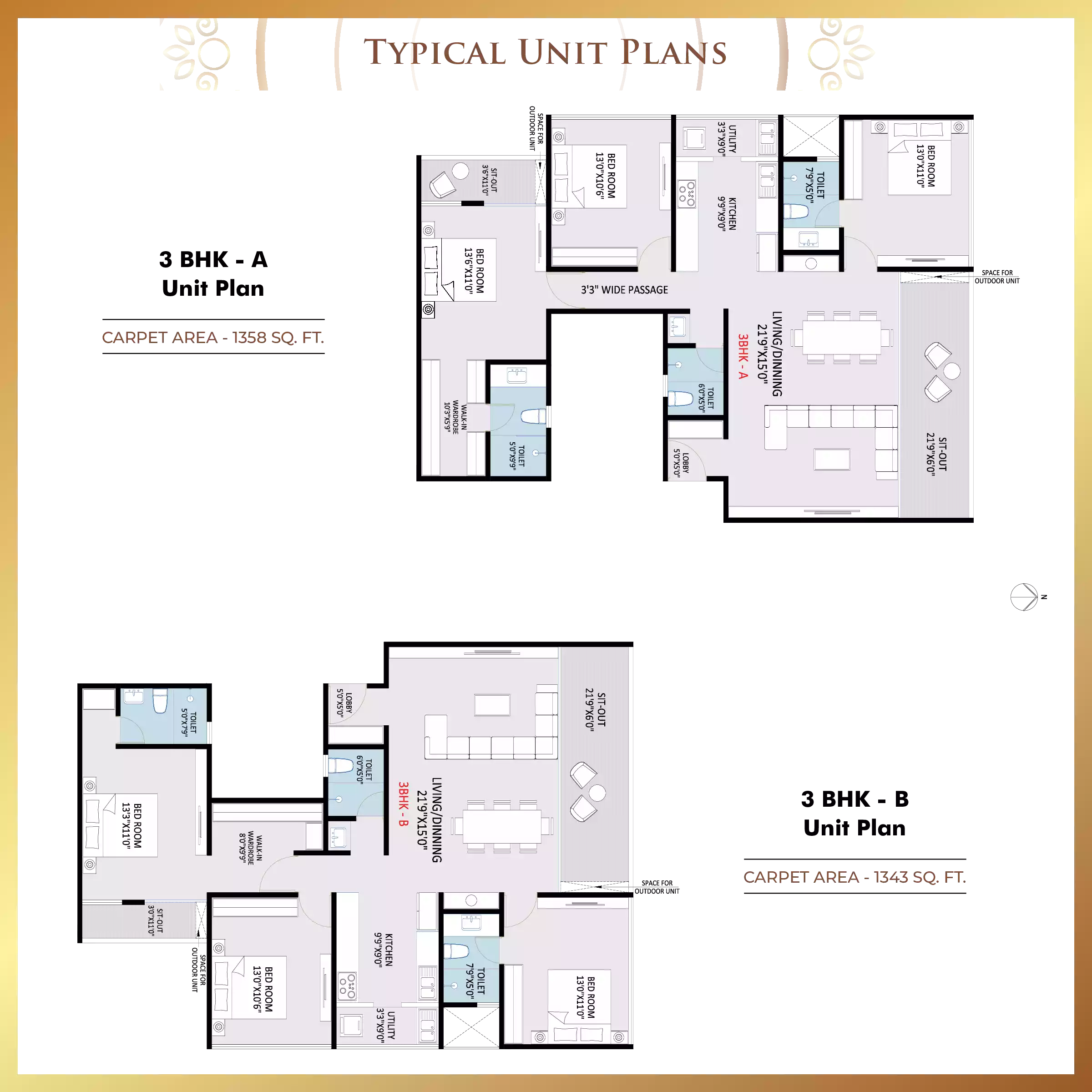 37 GRANDSTAND 3 BHK residence plan - 1343 sq.ft