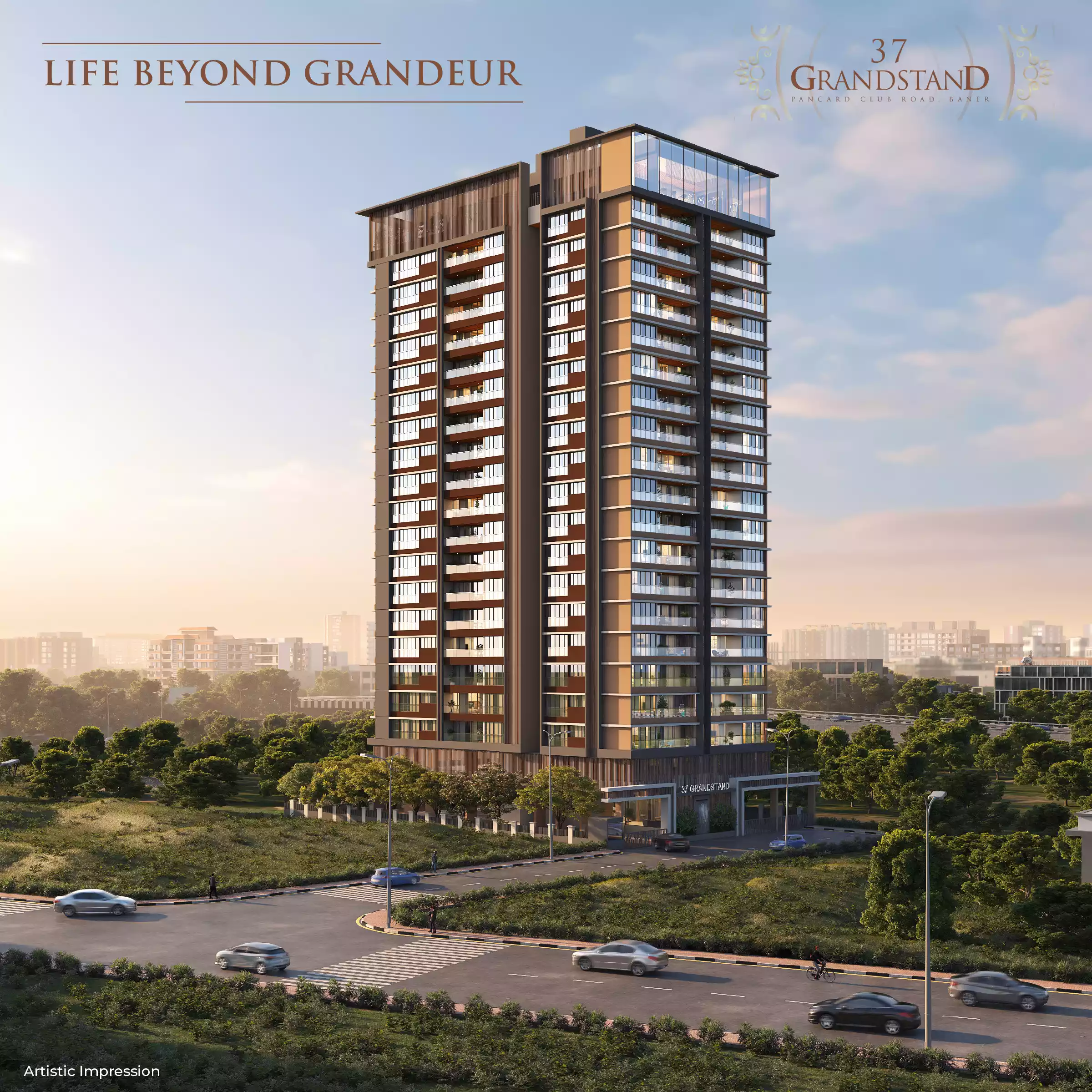 37 GRANDSTAND - ultra-luxury tower exterior by day, Pan Card Club Road, Baner Pune