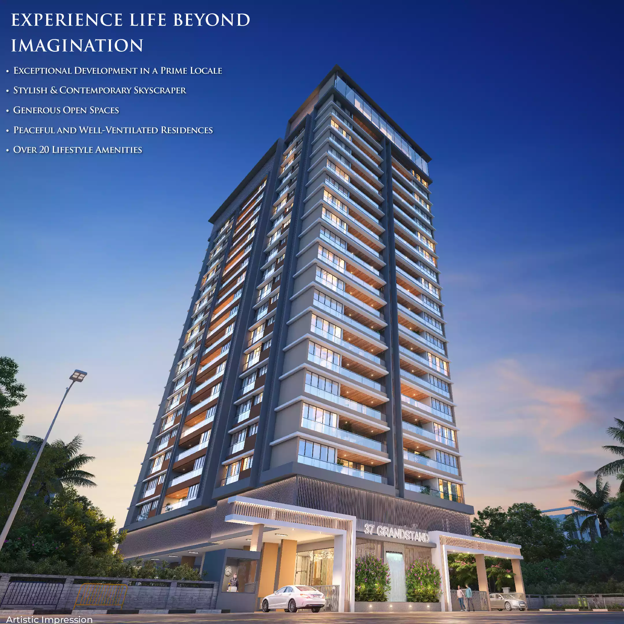 37 GRANDSTAND illuminated tower facade at night, Baner Pune