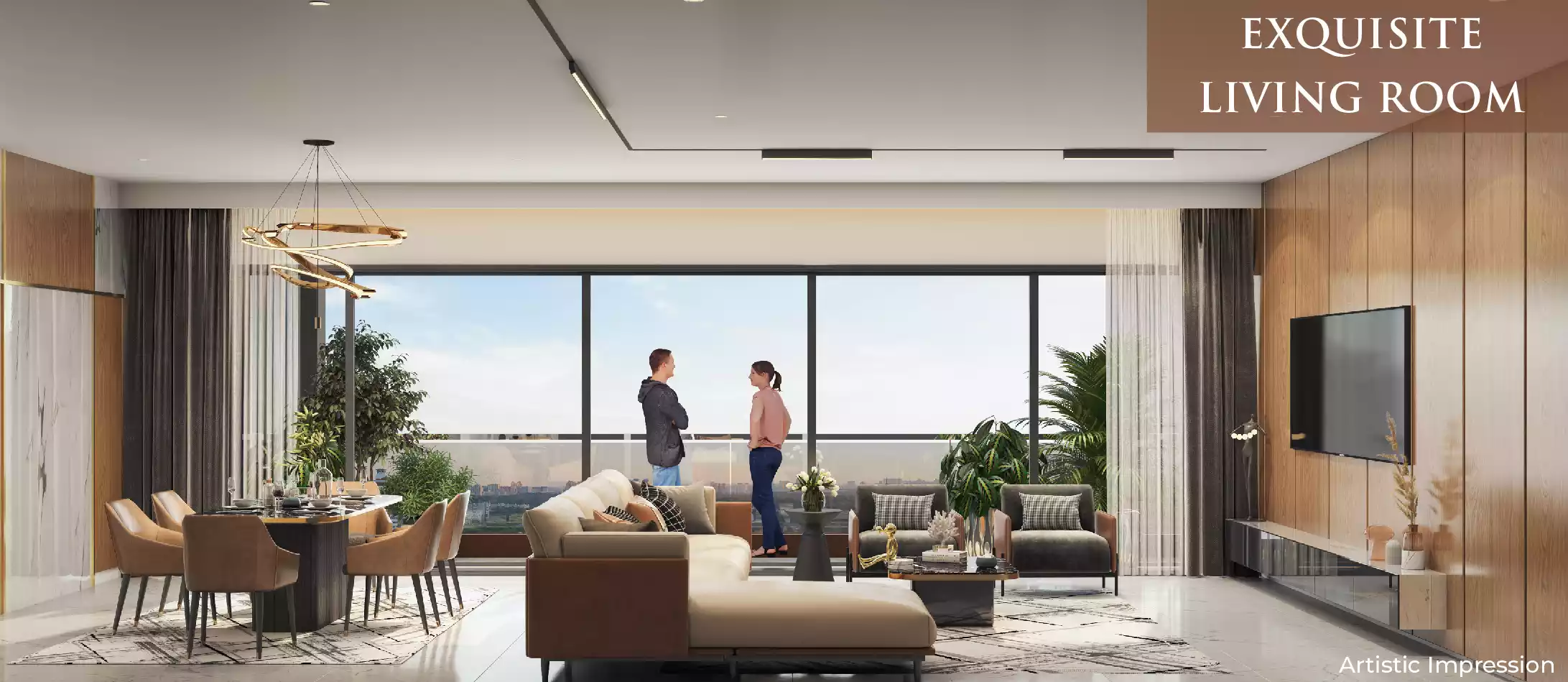 37 GRANDSTAND spacious living & dining room interior with city views