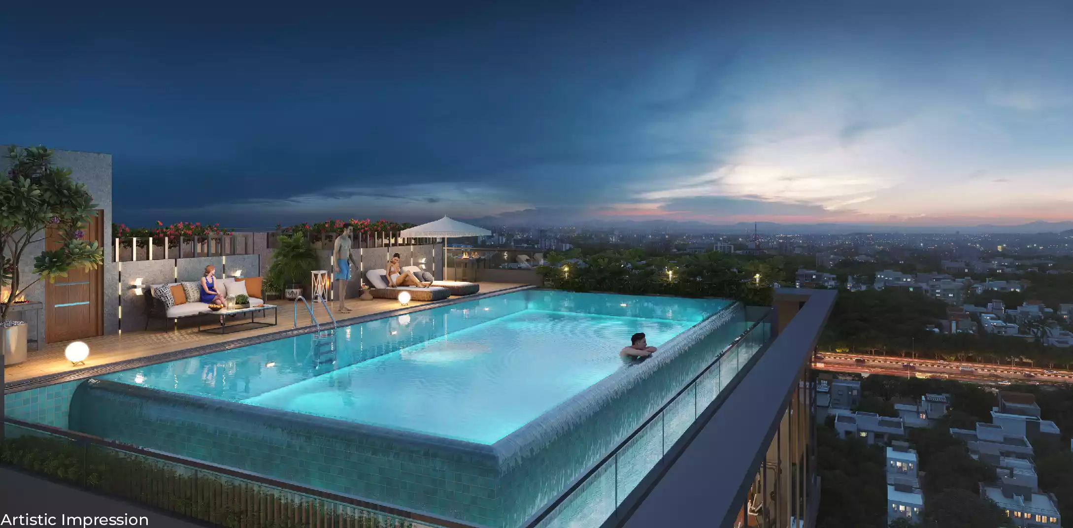 37 GRANDSTAND rooftop infinity pool at dusk, Baner Pune