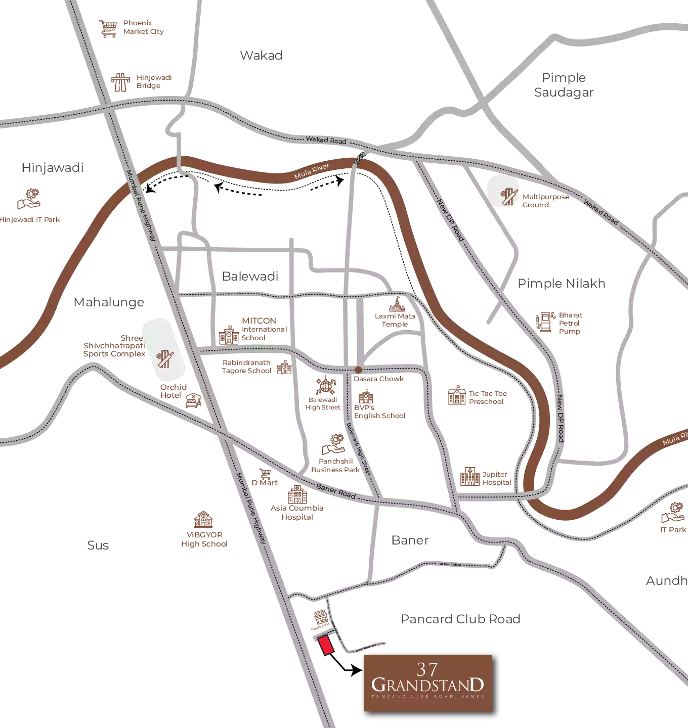 37 GRANDSTAND location map - Pan Card Club Road, Baner near Balewadi, Hinjewadi & Mumbai-Bangalore Highway, Pune